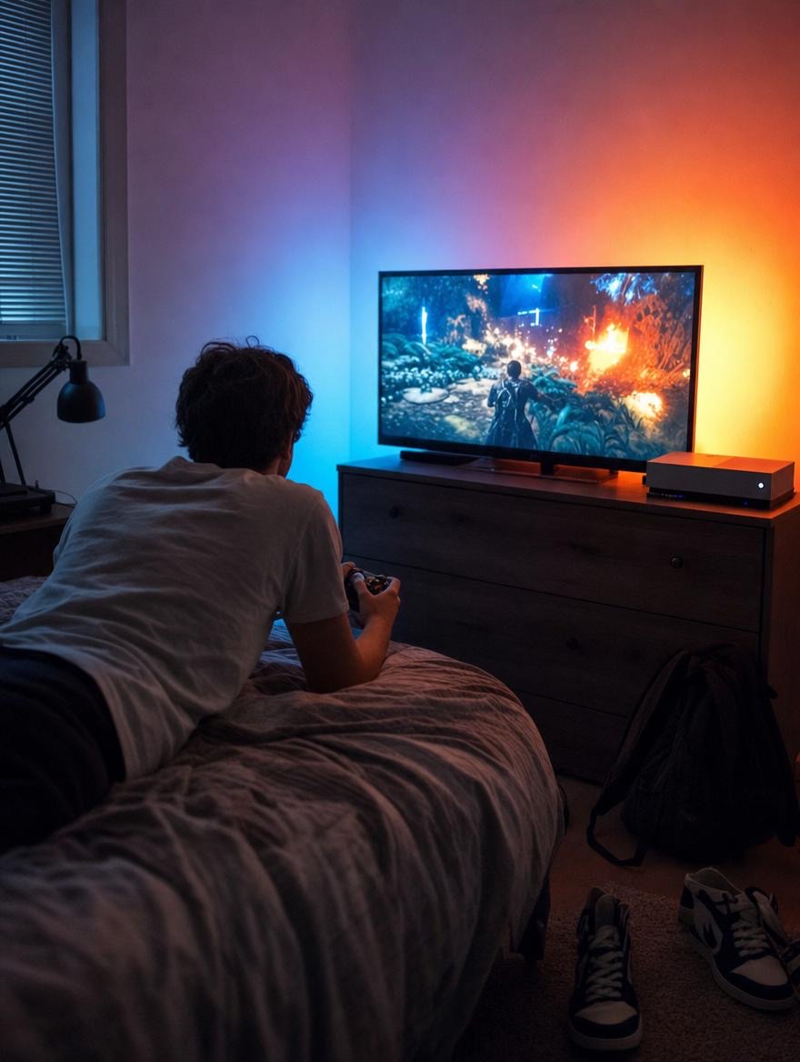 Joueur allongé sur son lit devant la TV, mur éclairé en bleu et orange par le rétroéclairage