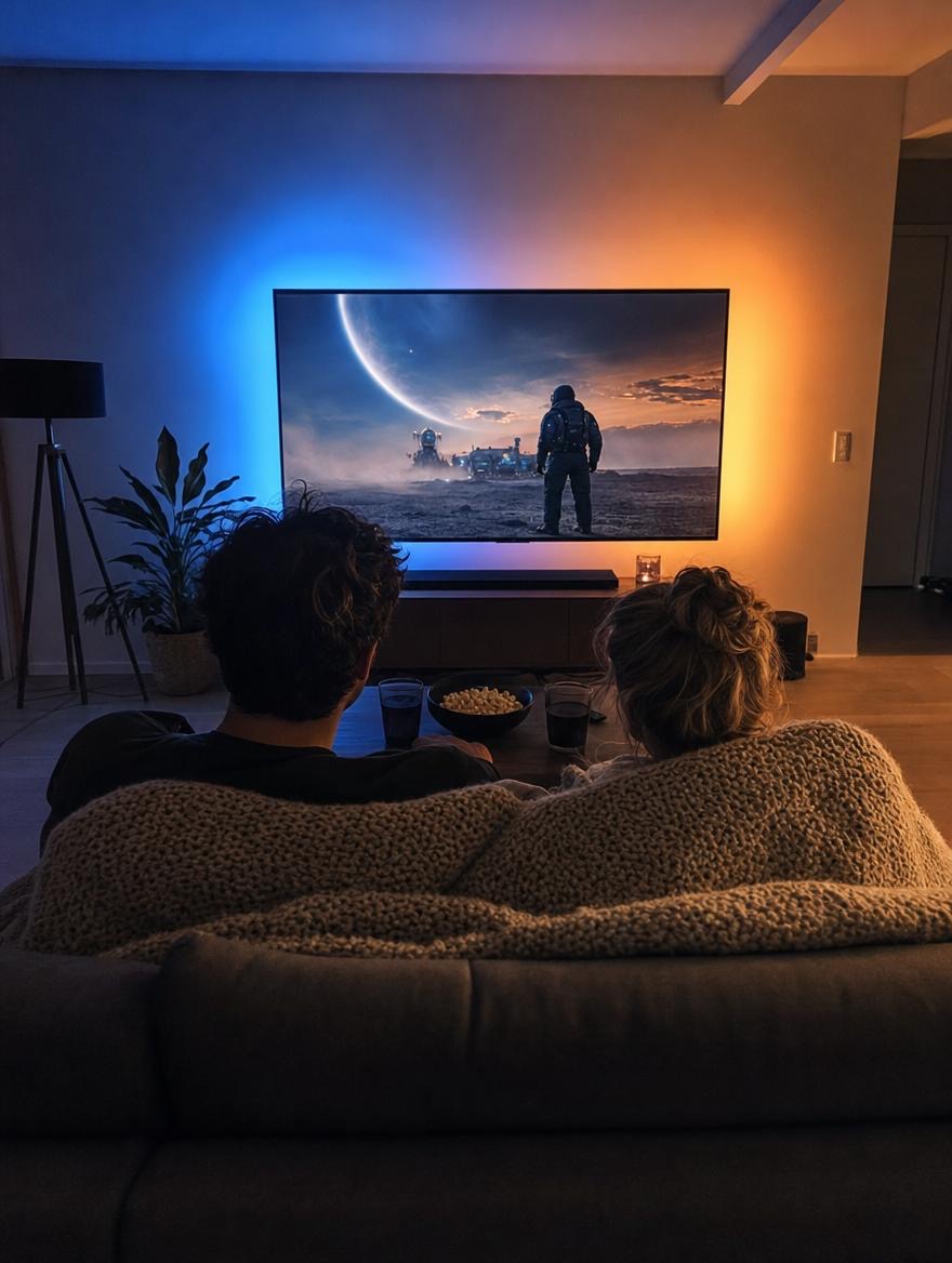Couple de dos sur un canapé devant un film, halo bleu et orange diffusé autour de la TV