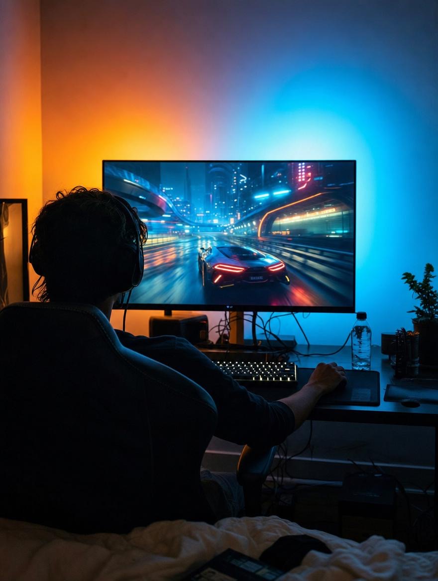 Joueur de dos devant un écran entouré d'un halo orange et bleu, dans une pièce sombre
