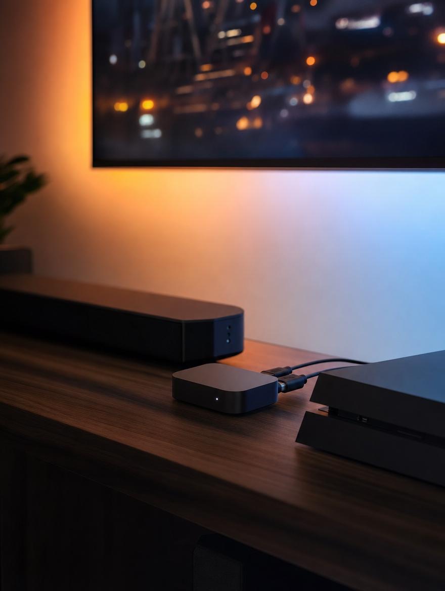 Boîtier de synchronisation HDMI posé sur un meuble TV, à côté d'une barre de son