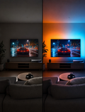 Avant / après : même salon, TV sans halo puis avec le halo LampPlay Immersion