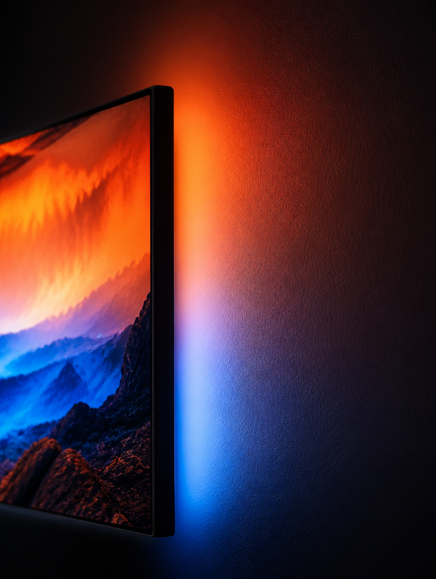 Gros plan sur le bord d'une TV et le dégradé orange bleu du halo LampPlay sur le mur